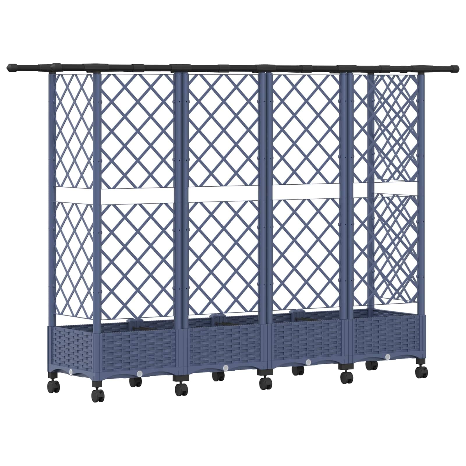 Podwyższona grządka z kratką dla roślin pnących i dachem wiszącym, szara, z polipropylenu, 202,5 x 40 x 127 cm, z otworem odpływowym, na balkon, taras, do pielęgnacji ogrodu