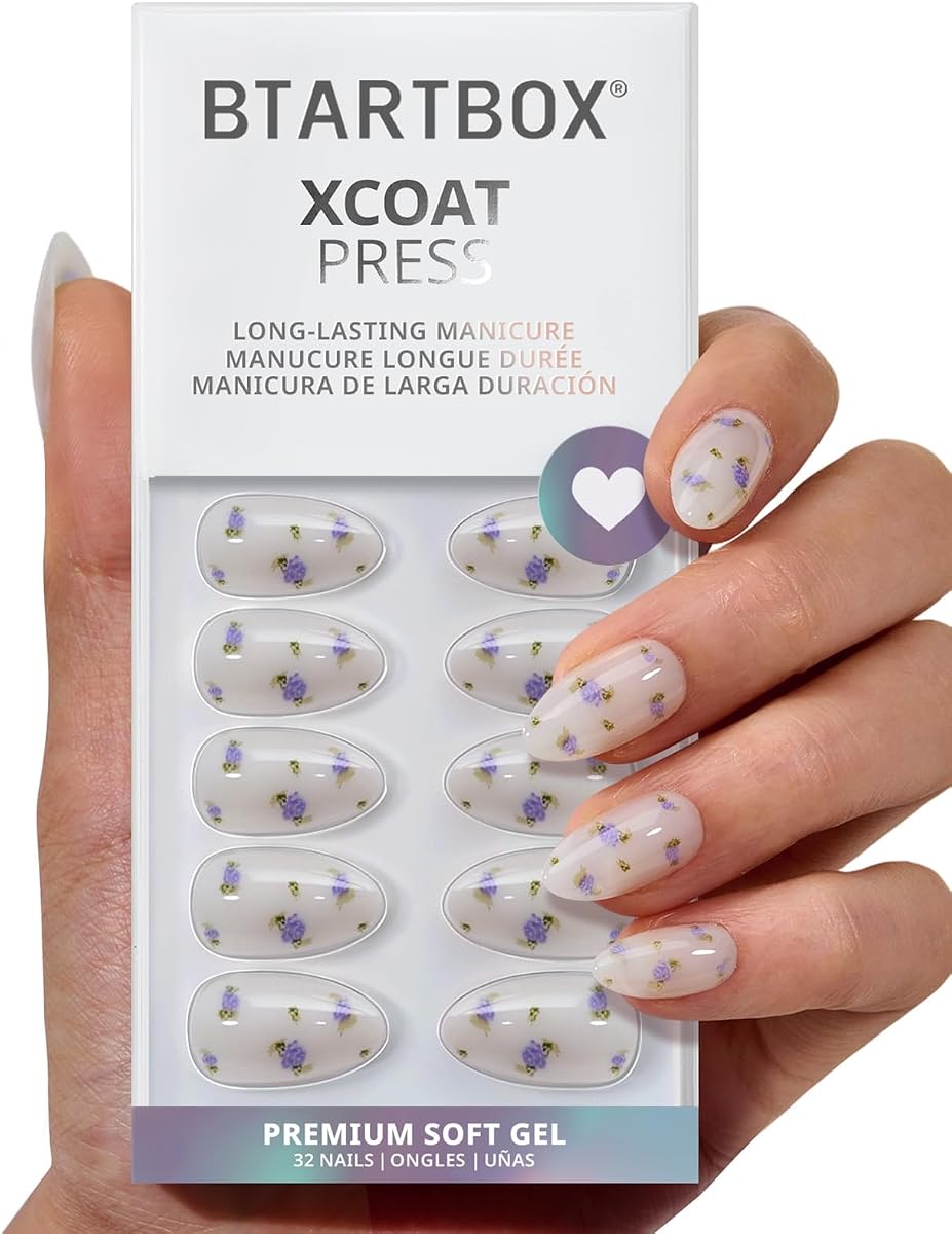 BTArtbox Press On Nails, Pathside Lilac, Short Almond, White Flower, 32Ct | Lamp-Curable 4-Week Wear, Salon-Quality Natural Nails, 10-Minute Easy Daily Application, 16 Sizes, All-in-One Complete Kit