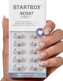 BTArtbox Press On Nails Short - Pathside Lilac, Lamp-Curable 4-Week Wear Flower White Almond Press On Nails with Glue and Adhesive Tabs, Easy-to-Apply in 16 Sizes - 32 Nails All-in-One Kit