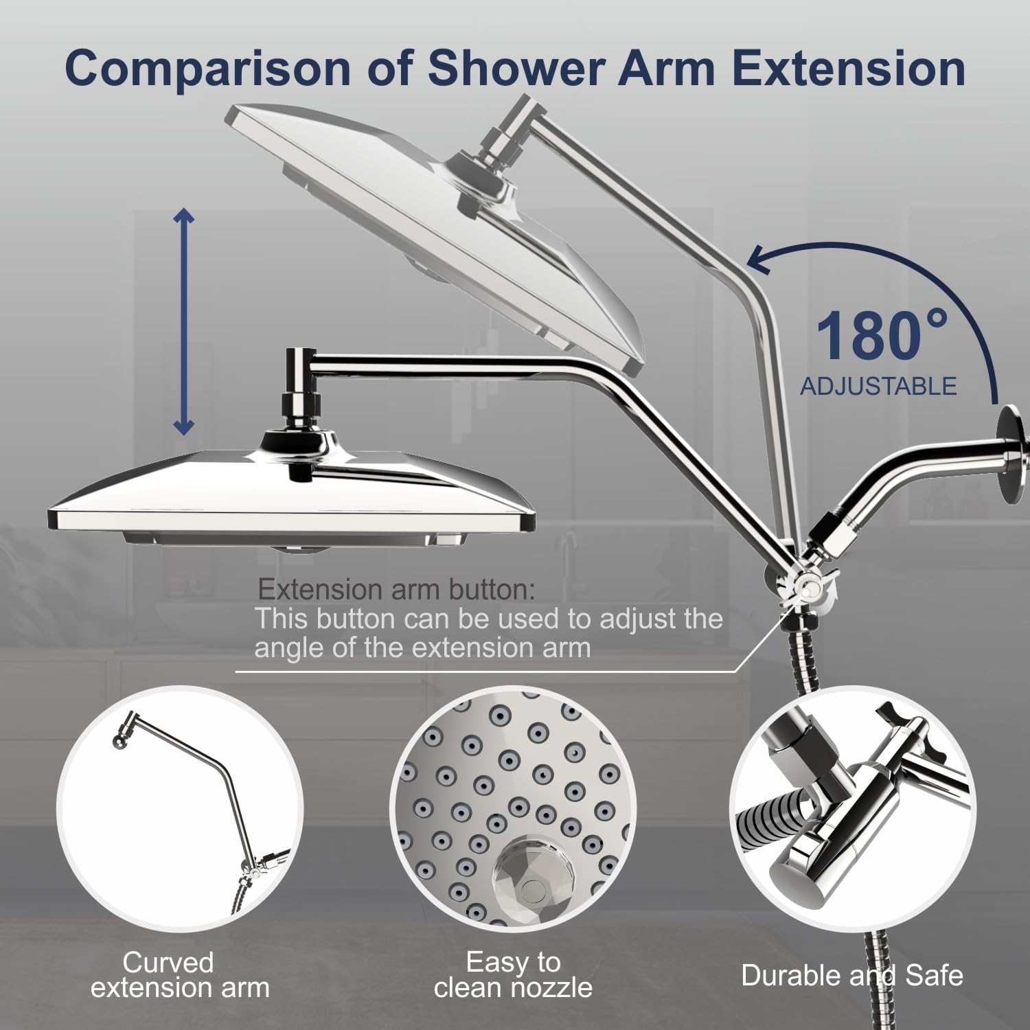 JINGZE Rainfall Shower Head System with Handheld Spray Combo, Dual Showerhead Set, 5 Spray Modes, 59 Inch Hose, Adjustable Extension Arm, Brushed Nickel