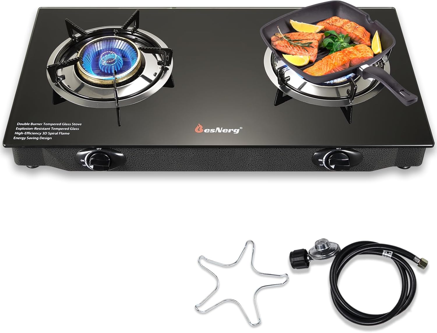 BesNerg Propane Stove 2 Burner Gas Stove, 28800 BTU High-Efficiency Auto Ignition Tempered Glass LPG Cooktop with CSA Regulator and Hose – for Outdoor Camping, RV, and Emergency Cooking BesNerg Propane Stove 2 Burner Gas Stove, 28800 BTU High-Efficiency Auto Ignition Tempered Glass LPG Cooktop with CSA Regulator and Hose – for Outdoor Camping, RV, and Emergency Cooking