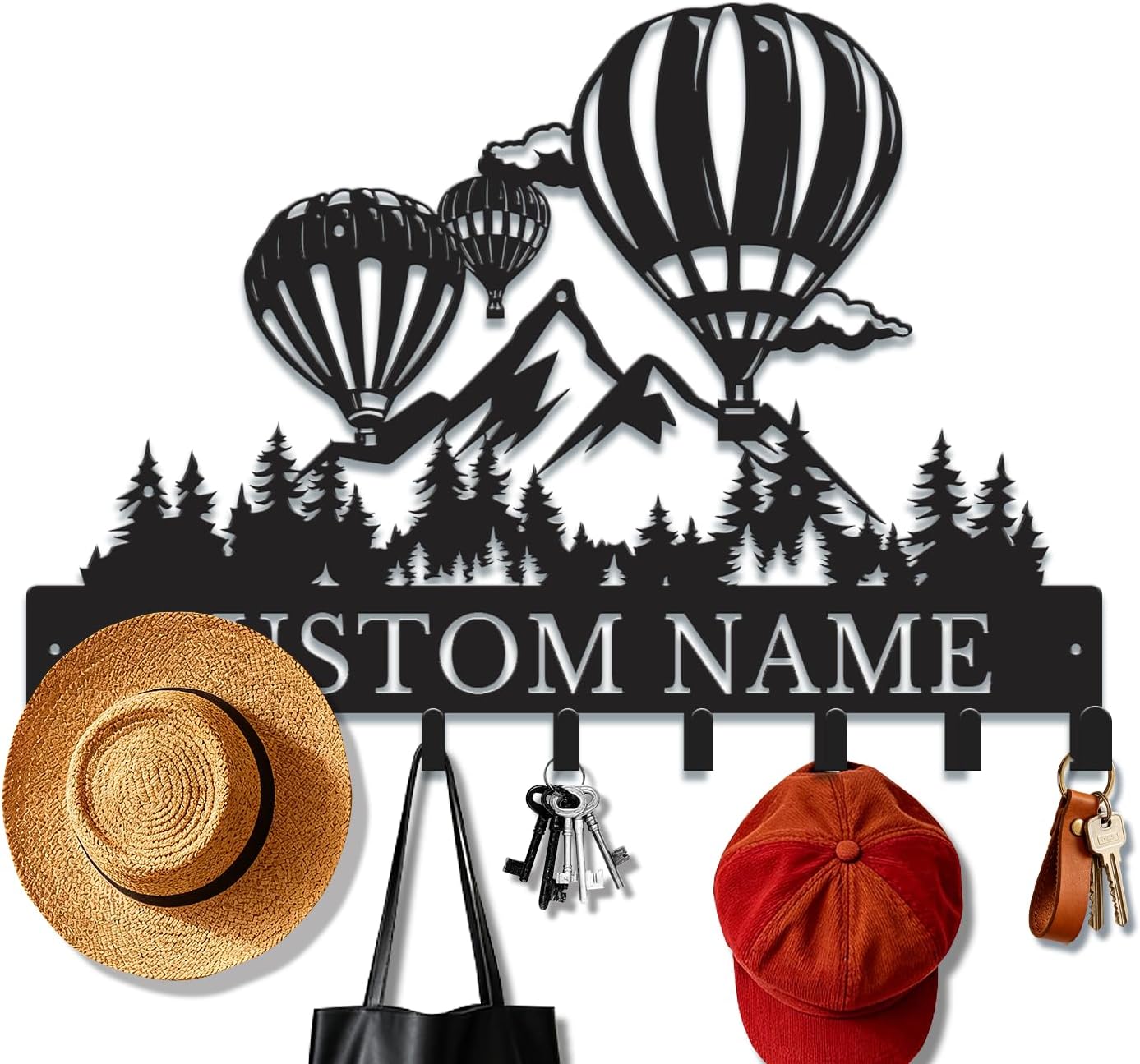 Custom Hot Air Balloon Wall Decor with Hooks, Personalized Name Sign for Hanging Keys, Hats & Bags, Metal Wall Art for Nursery & Home (Style-1)