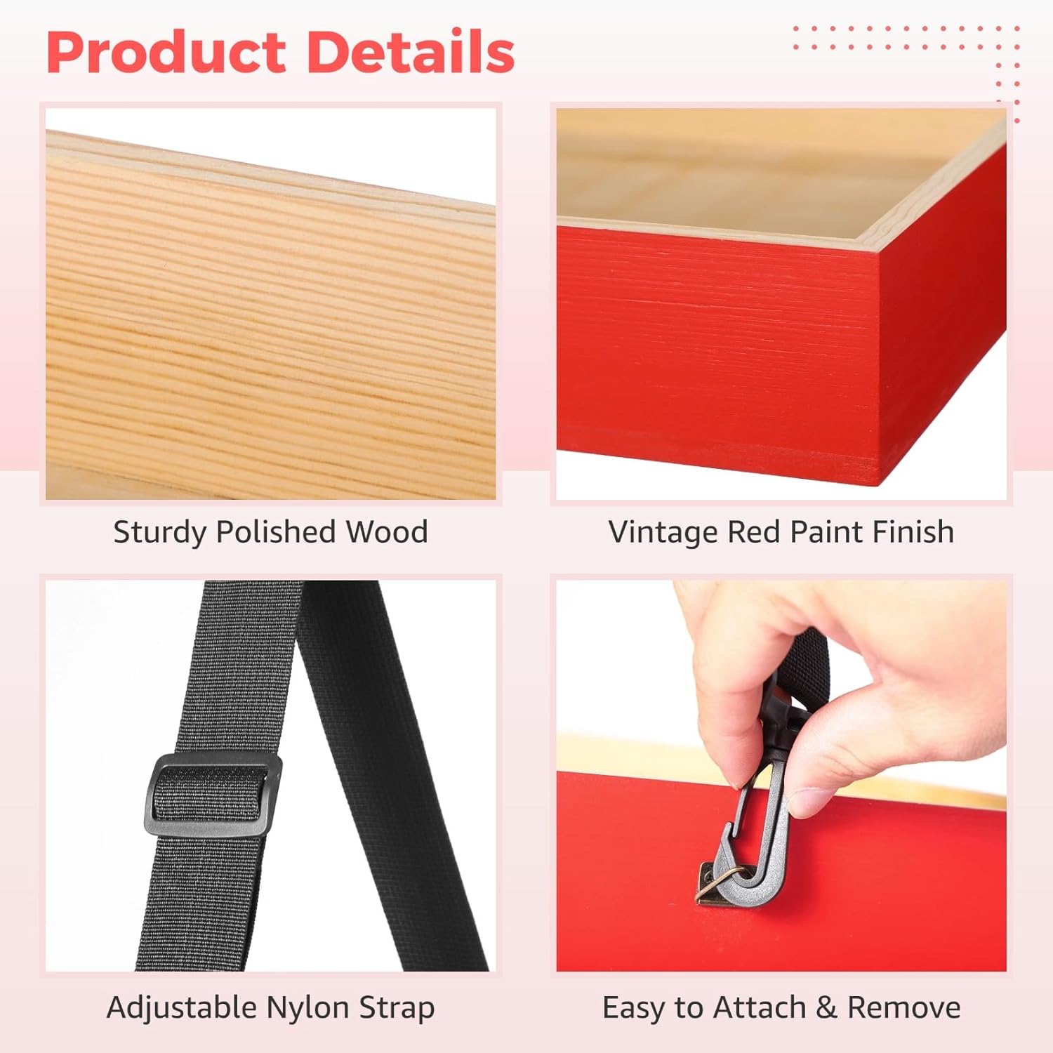 yeesport 2 Pcs Wooden Snack Trays with Straps, Handheld Serving Trays with Adjustable Shoulder Straps, Movie Popcorn Beverage Carriers, Vintage Red Drinking Holders for Parties and Picnics