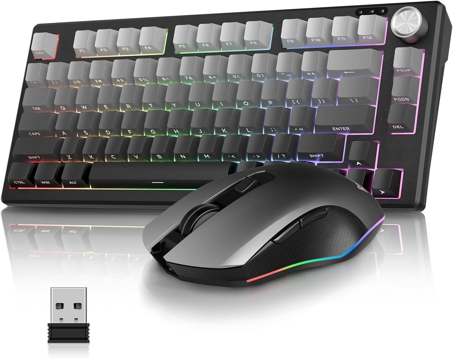 RedThunder K75 Wireless Keyboard and Mouse Combo,75% Side-Engraved Membrane Keyboard,Optical Gaming Mouse with 4800DPI,3 Modes(BT/2.4G/Wired),Dual System,RGB Backlit,Rechargeable Battery,Gradient Gray