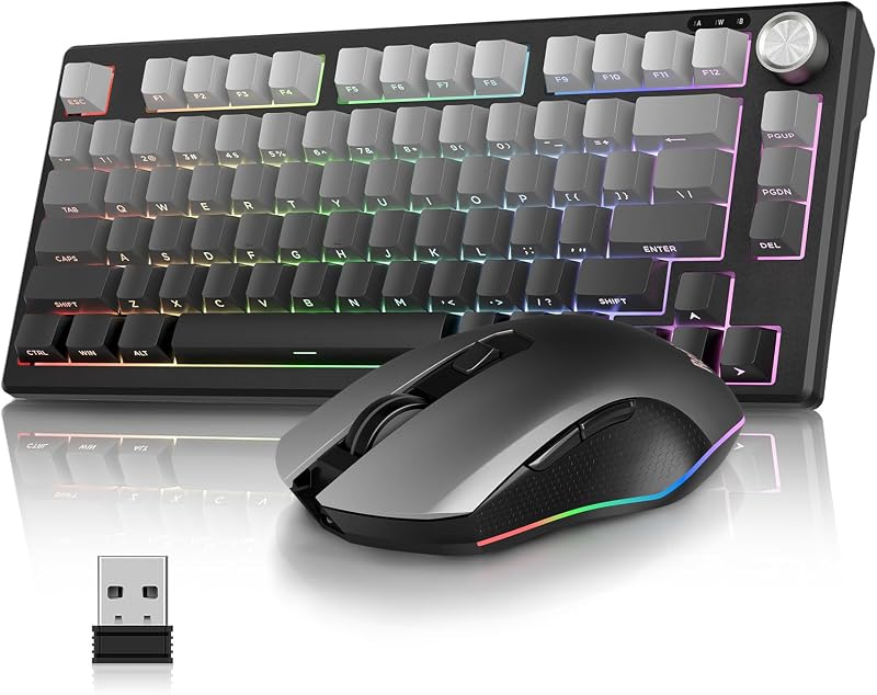K75 Wireless Membrane Keyboard & Mouse Combo,75% Side-Engraved Keycaps,Optical Gaming Mouse with 4800DPI,3 Modes(BT/2.4G/Wired),Dual System,RGB Backlit,Rechargeable Battery,Gradient Gray