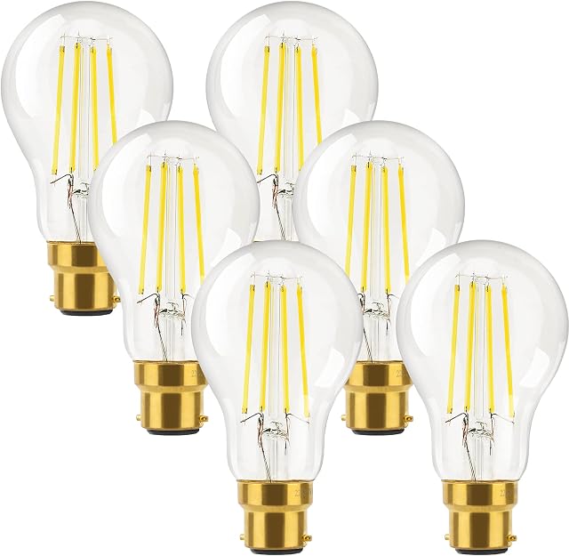 LED Light Bulbs 6-Pack, TopLeder 6W Bayonet Light Bulb 60W Equivalent, 800LM 5000K Daylight White, A60 BC GLS Energy Saving LED Lights, Retro Clear Glass B22 LED Bulbs, Non-Dimmable