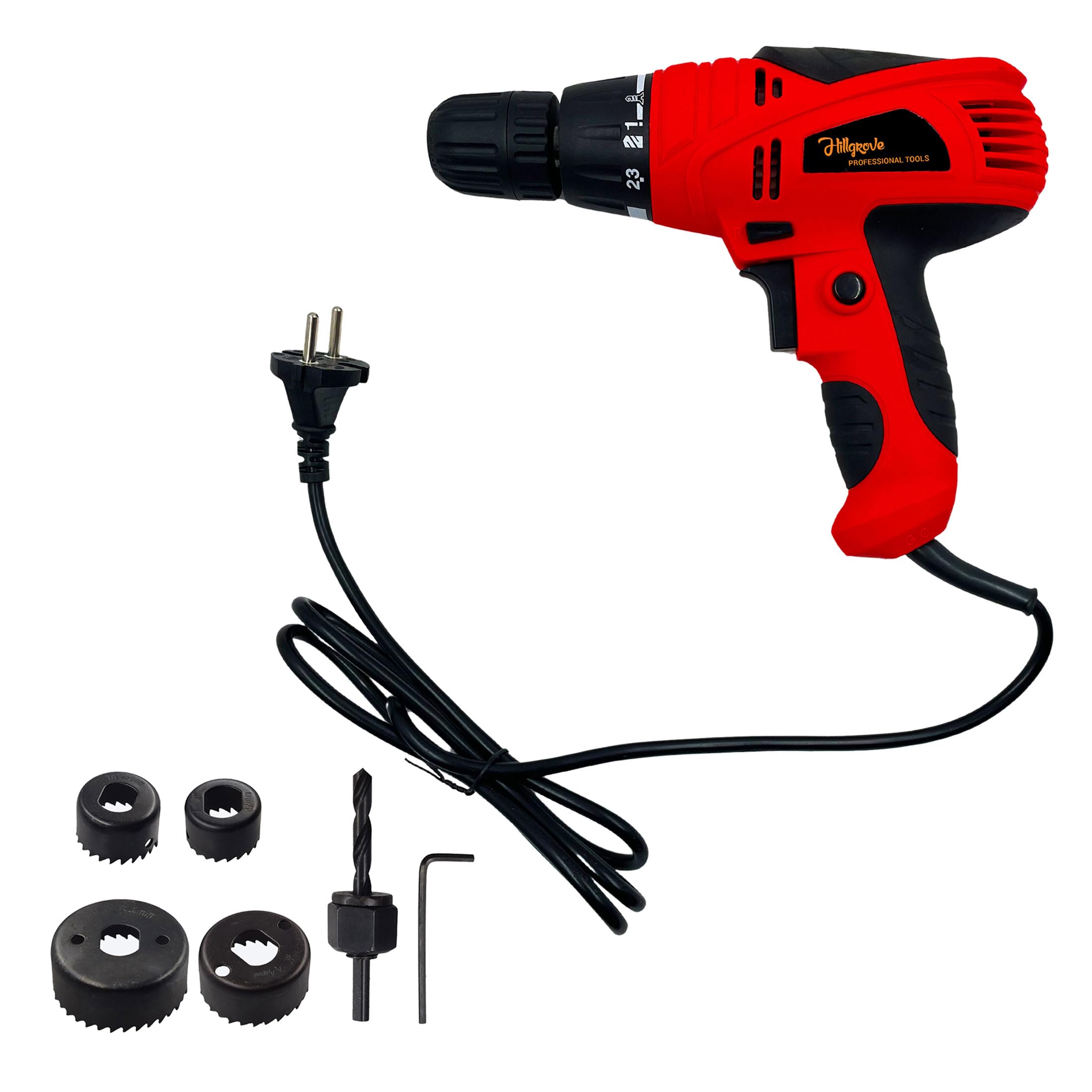 Hillgrove HGCM1186M3 400W Screwdriver Electric Power Drill Machine with 6Pcs Hole Saw Drill Bits for Making Holes in Metal/Wood/Concrete with Reverse Rotation and Variable Speed Pistol Grip