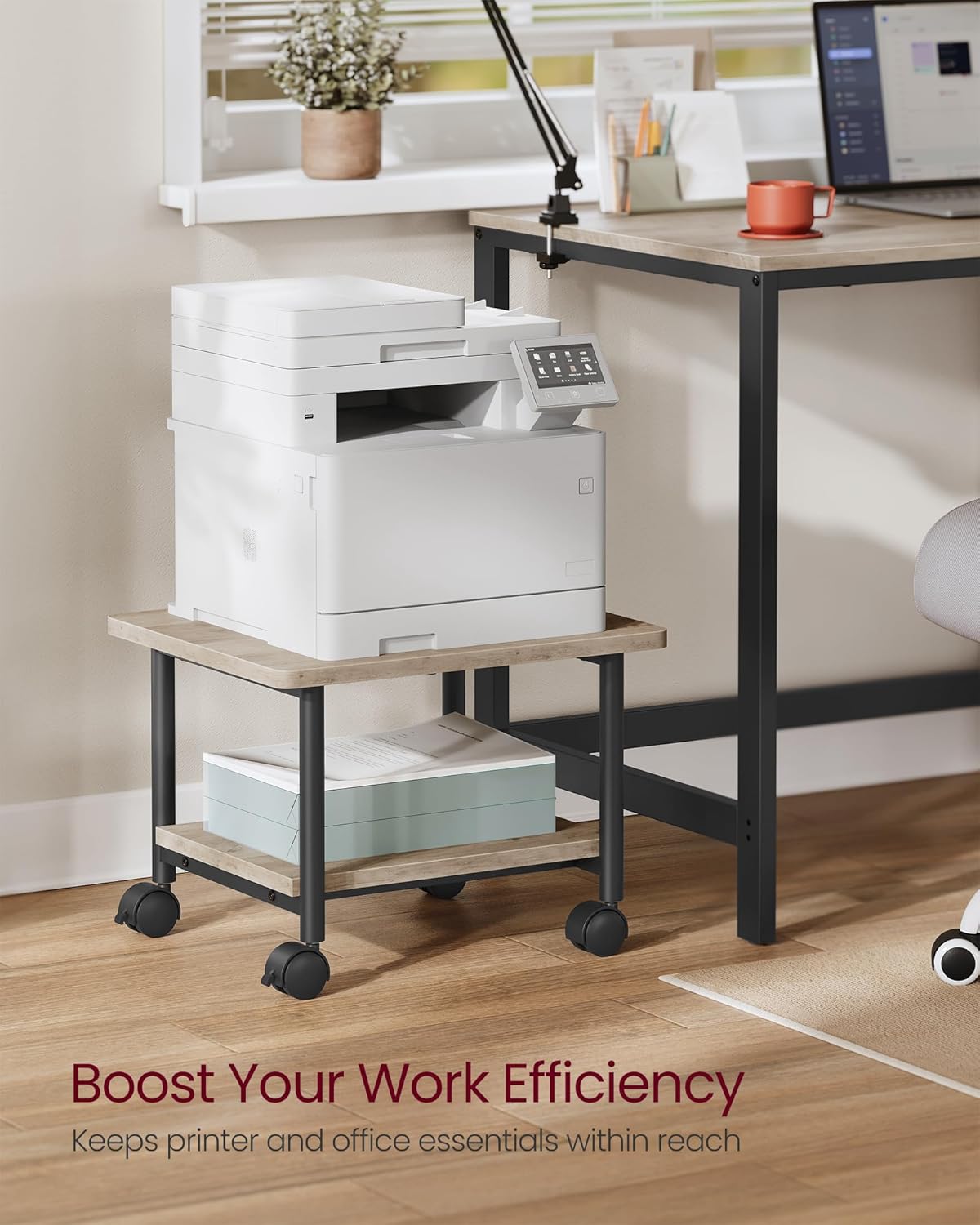 VASAGLE Heavy-Duty Printer Stand with Locking Wheels, 2-Tier Industrial Mobile Cart with Storage Shelf, Under Desk Printer Table for Home, Office, 13.4" Height, Heather Greige and Black UOPS002B02