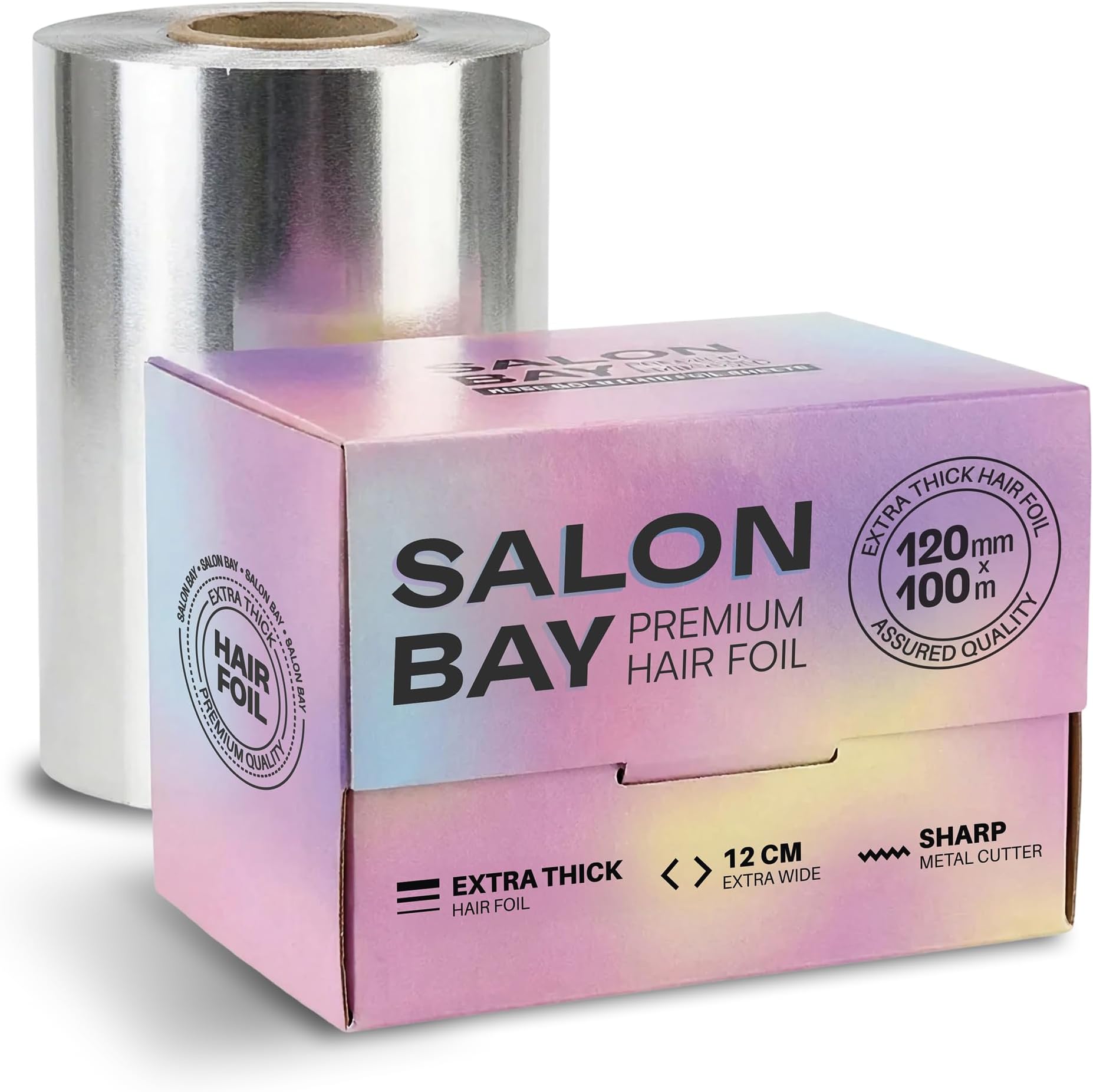 Hair Foils for Highlighting - Premium Hairdressing Foil with Metal Cutter, 12cm x 100m Extra Wide, Extra Thick Highlighting Foil for Hair Colouring and Balayage - Salon Bay
