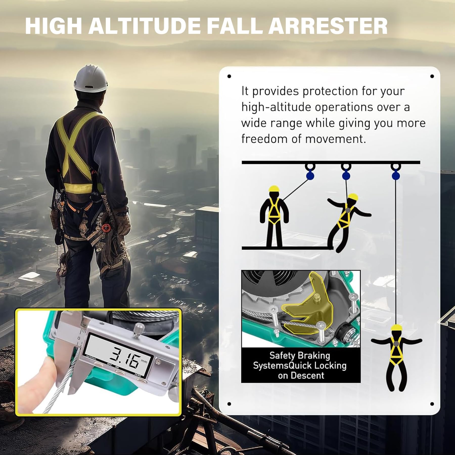 Antichute a Rappel Automatique 3-20m, Stop Chute Toiture(3m) | Harnais de Securite Anti Chute Toiture avec Crochet, 150KG Équipement de Protection Individuelle pour Haute Altitude