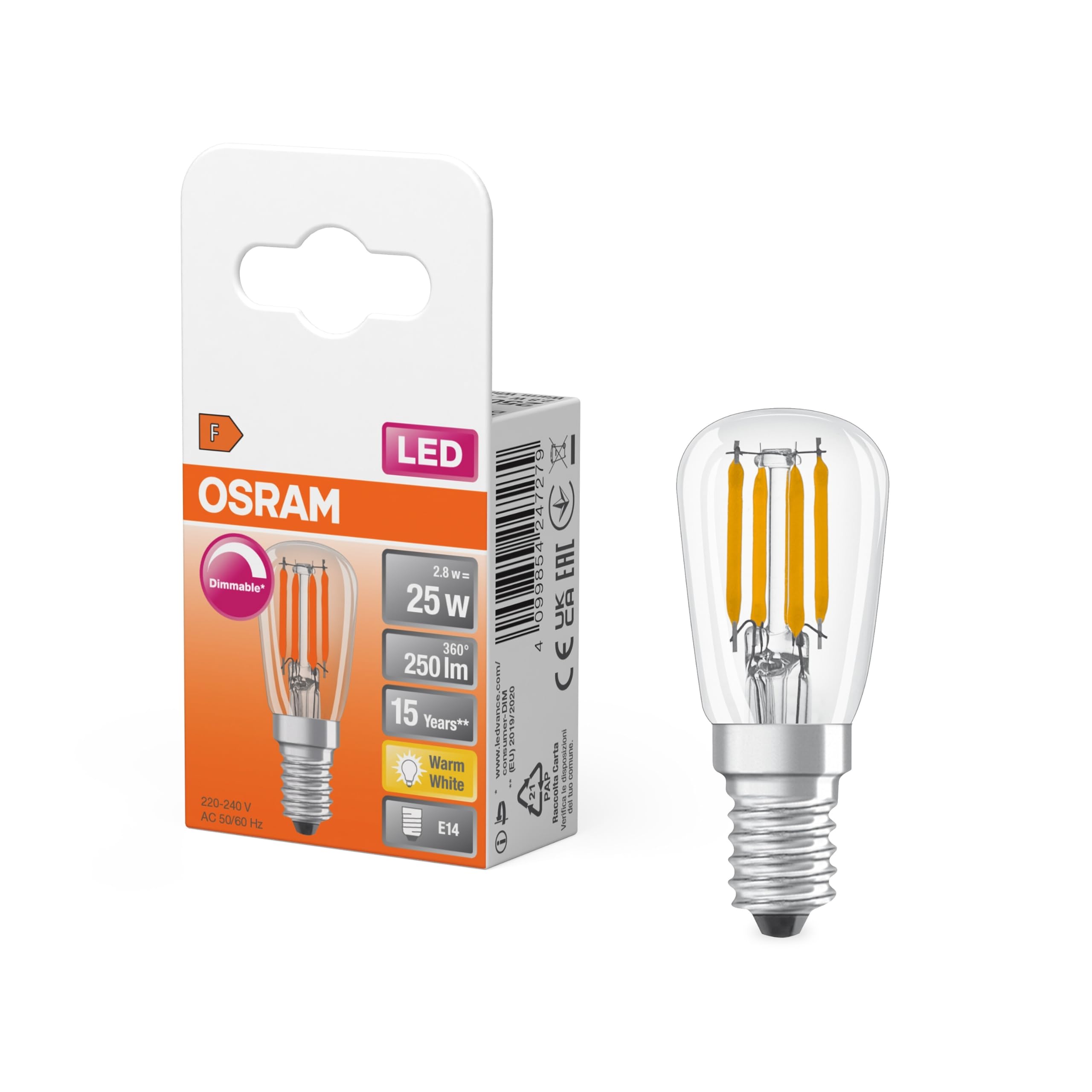 Osram LED Special LED Lamp Teardrop Shape, Clear, Multicoloured, 2.8 W, 250 lm, 2700 K for Warm White Light, E14 Socket, 26 mm Diameter, EEK F, Dimmable