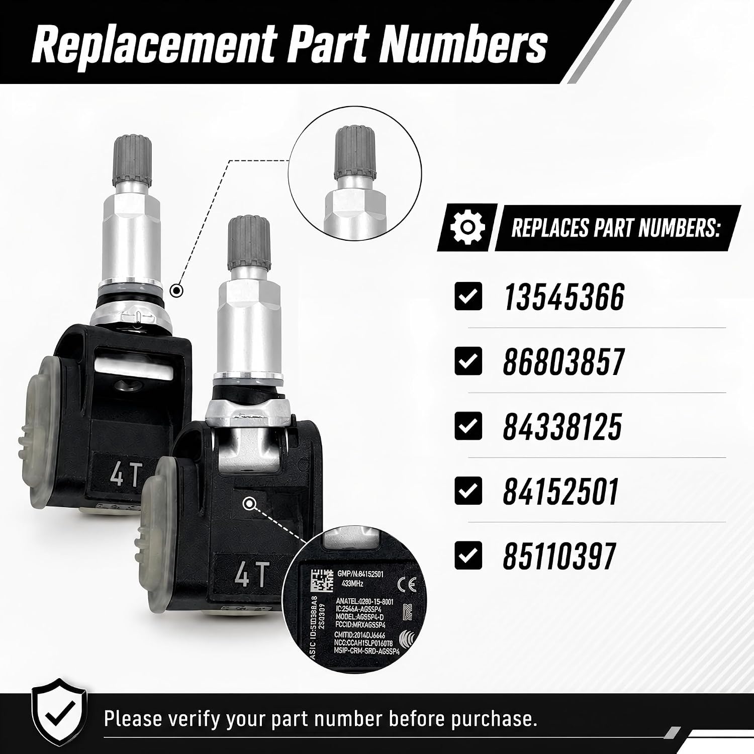 4PCS TPMS Trailer Tire Pressure Sensors 433MHz Compatible with Chevy Silverado 1500/2500HD/3500HD, Tahoe, Suburban, G-MC Sierra, Yukon, Cadillac Escalade 2019-2025, Replaces 13545366 86803857 84338125
