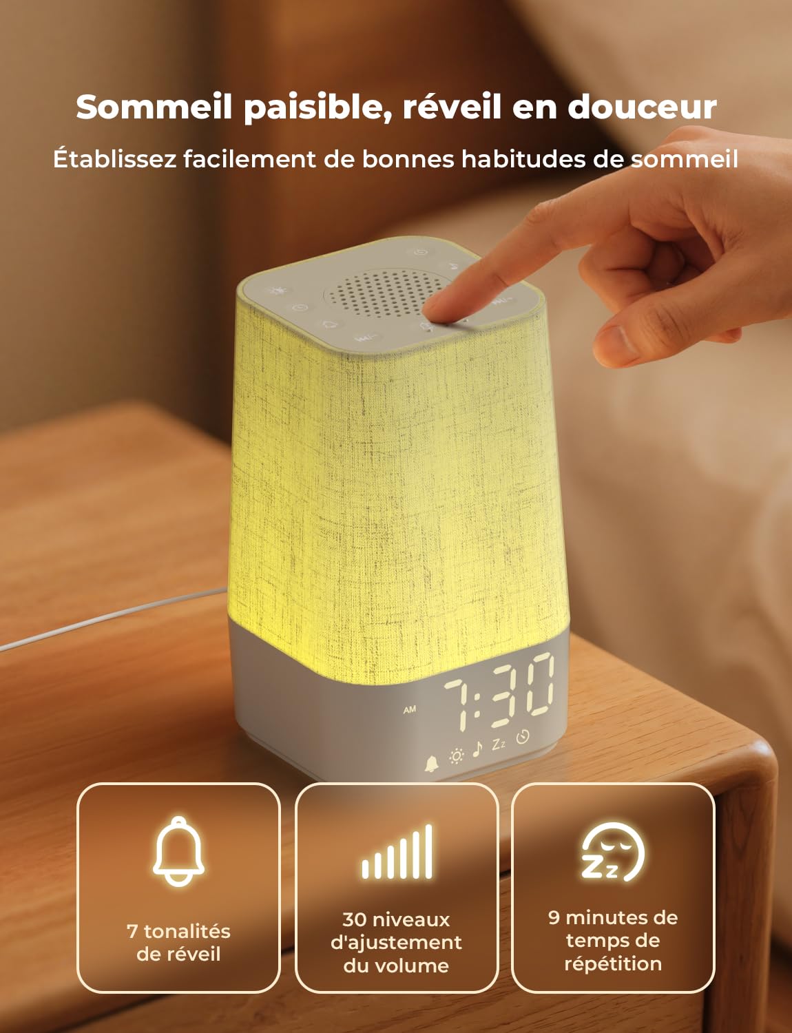 LIORQUE Réveil Lumineux Simulateur d'Aube, Lampe de Chevet LED avec 30 Sons, 13 Niveaux de Luminosité