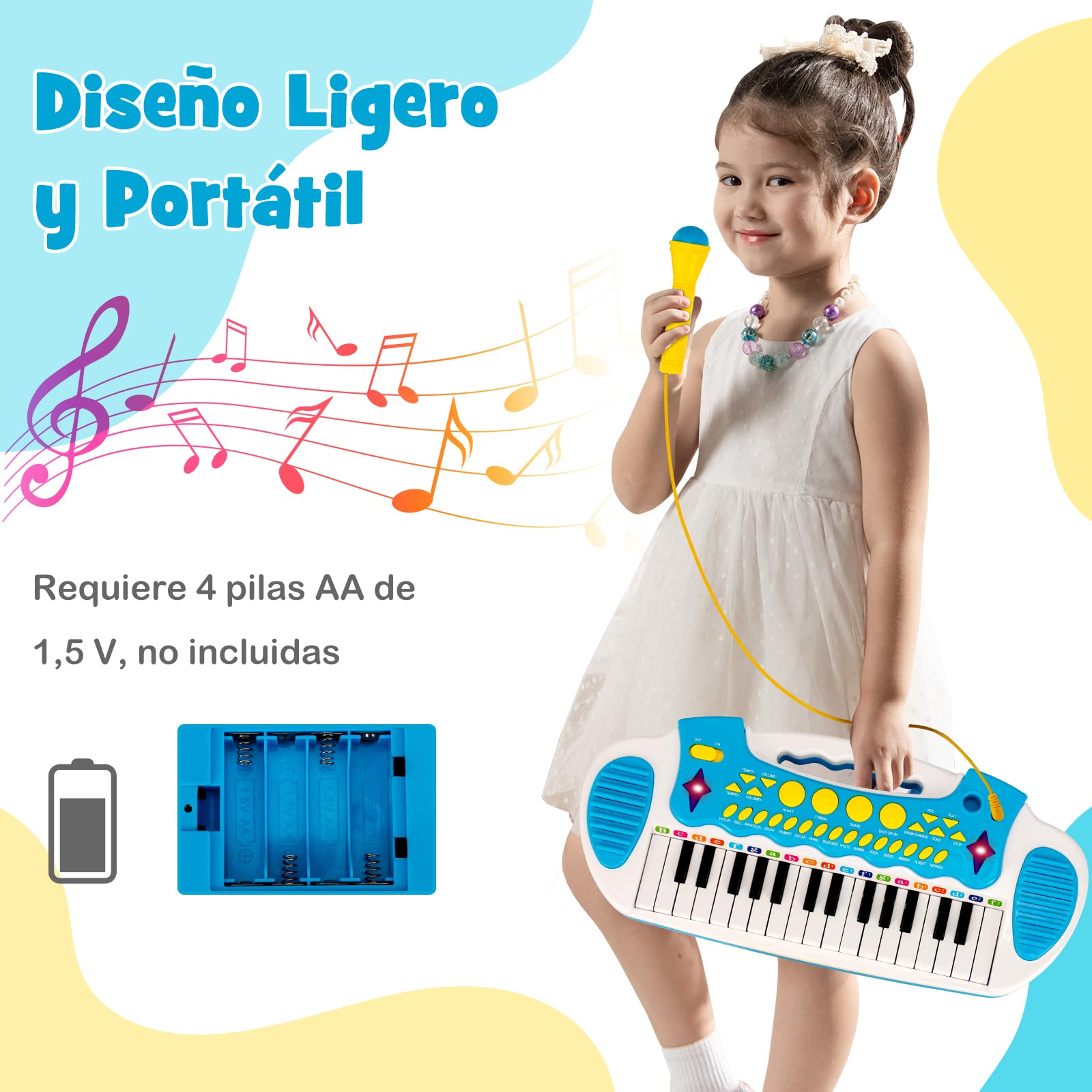 COSTWAY Teclado Piano Infantil de 31 Teclas, Juguete Musical Piano Infantil para Niños con Efectos de Luz, Múltiples Sonidos, Micrófono y Taburete, Órgano Electrónico Educativo para 3＋Niños (Azul)