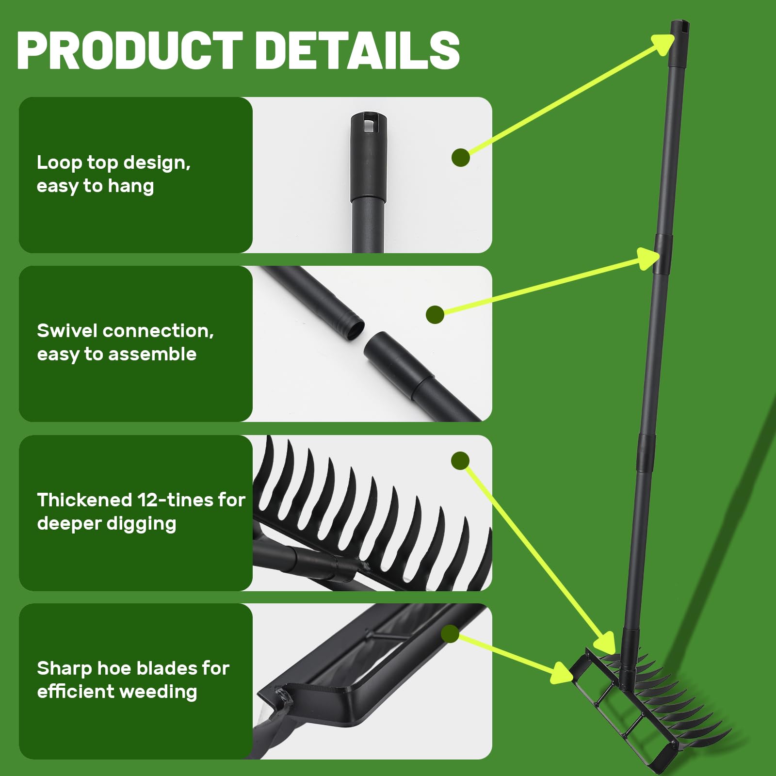 Hula - Zappa da giardino 2 in 1, 12 denti, attrezzo da giardinaggio per diserbo, con manico lungo regolabile da 193 cm, per diserbo, semina, abbandono e allentamento