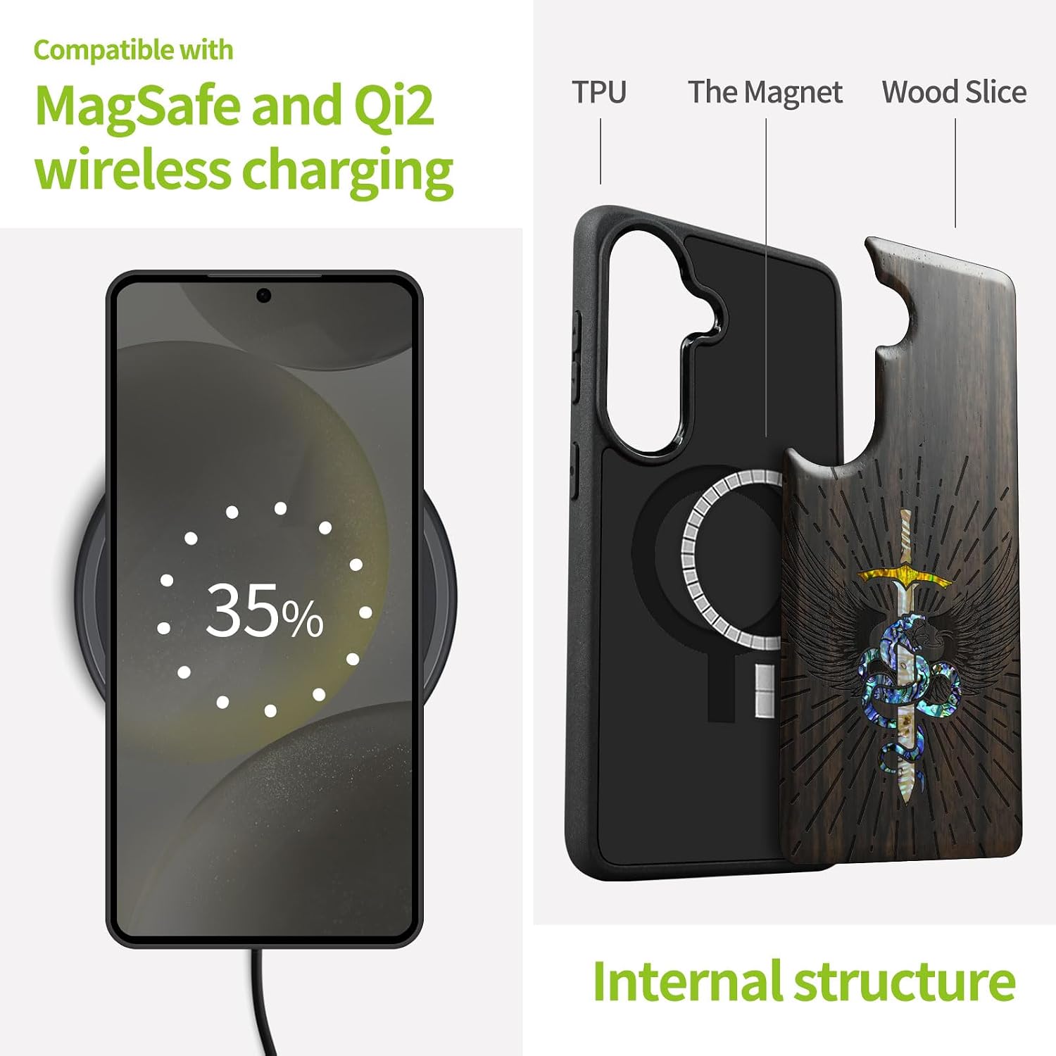 Carveit Magnetic Wooden Case for Galaxy S26+ / S26 Plus Case, Wood Artisan Engraved & Handmade Shell Inlaid, Compatible with MagSafe Wireless Chargers (Serpent Winged Sword) Blackwood