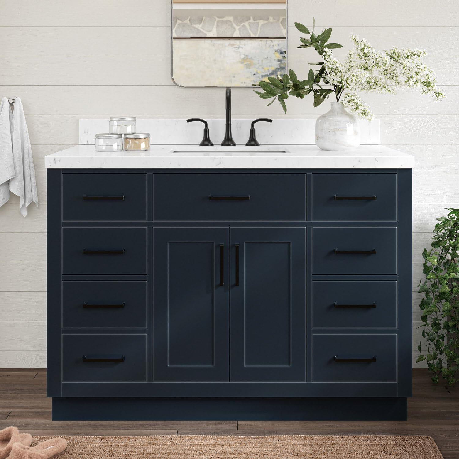 ARIEL Hepburn 48" Midnight Blue Bathroom Vanity, 1.5" Edge Carrara Quartz Countertop & Splash, Single Rectangular Sink, 2 Soft Closing Doors, 9 Full