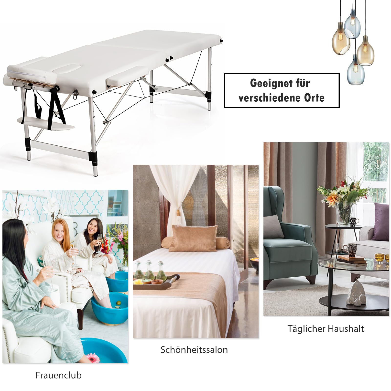 GOPLUS Massageliege, 2 Zonen Massagetisch aus Aluminium bis zu 250kg, Mobile Massagebank klappbar & höhenverstellbar, 70cm breit Massagebett mit Kopfstütze, Armlehnen & Tragetasche für Spa, Weiß