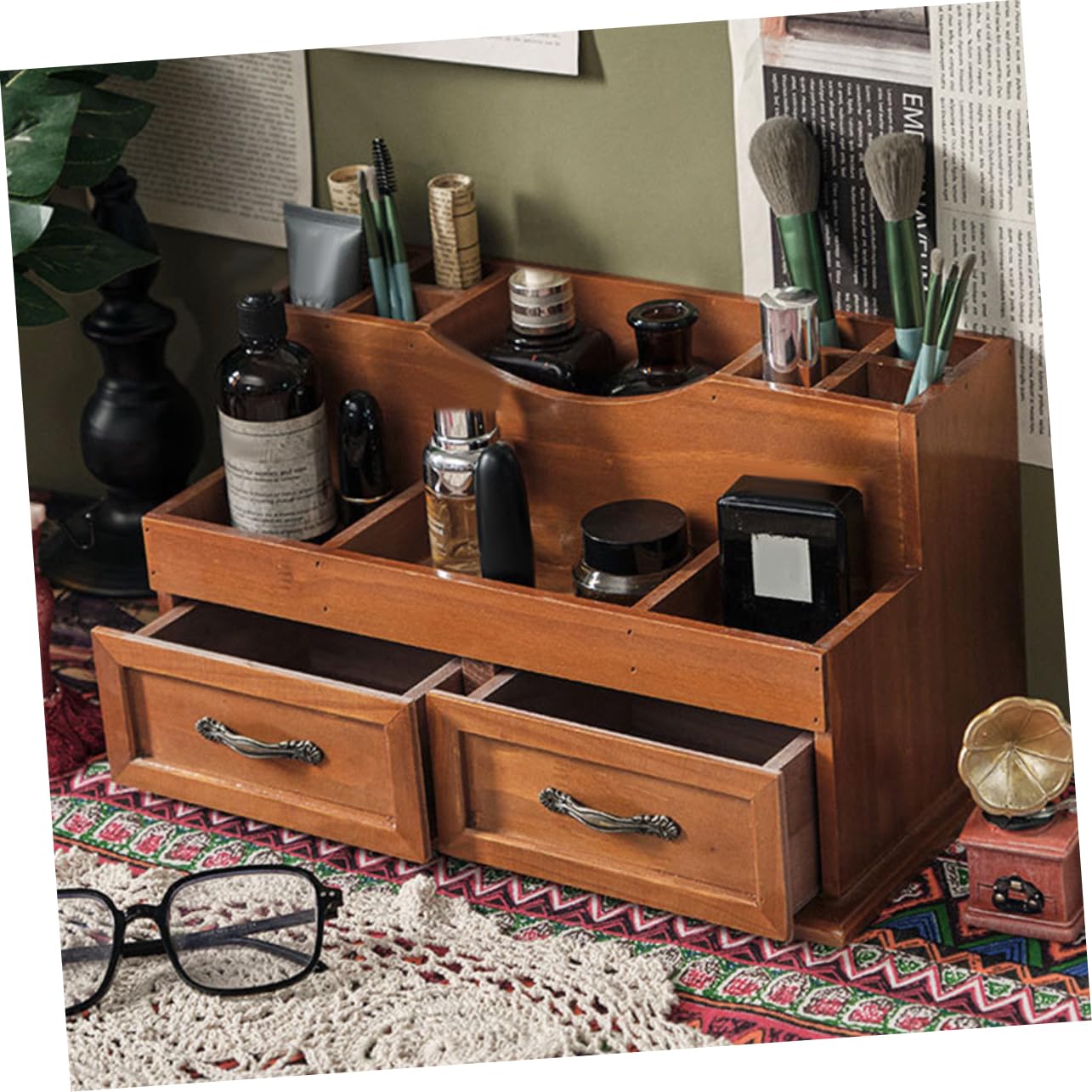 Organizer Scrivania in Legno Vintage Per Cosmetici e Contenitore a Cassetto Multifunzionale 2 Griglie Per Camera Letto e Ufficio