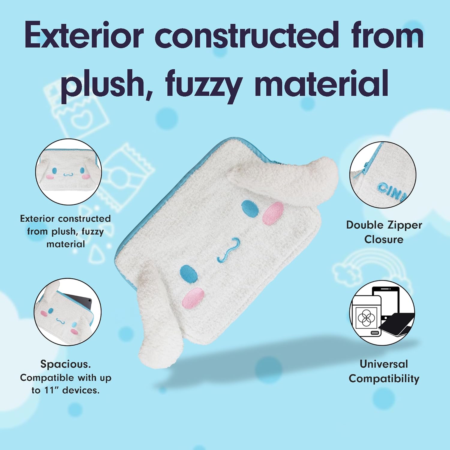 Sonix x Sanrio Plush Tech Sleeve | 11 inch Fuzzy iPad Tablet Pouch Carrying Case Cover, Protective Travel Bag | White - 11" | Cinnamoroll