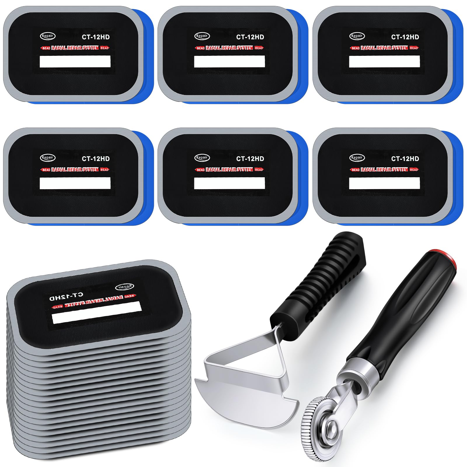 Pushglossy 22 Pieces Tire Repair Patch Tool Kit Including 4.7X 3.2 Inch Square Rubber Tire Patches, Tire Patch Roller and Inner Liner Scraper for Auto