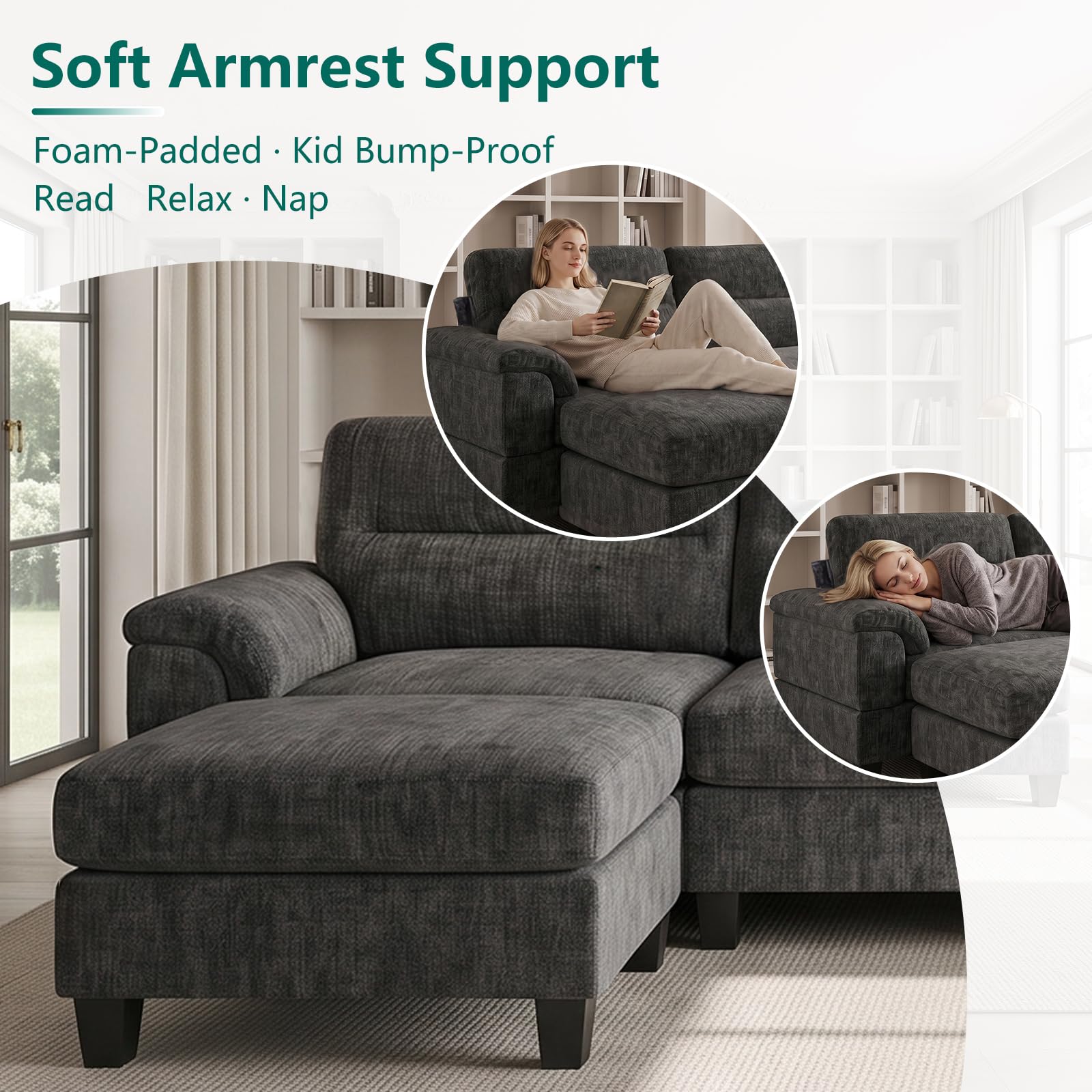 100.4" L-Shaped Modular Cloud Couch, Sectional Couches for Living Room | Cloud Comfort, Cozy Armrest Pillows, Elegant Chenille, Freely Modular, Quick Assembly, Dark Gray