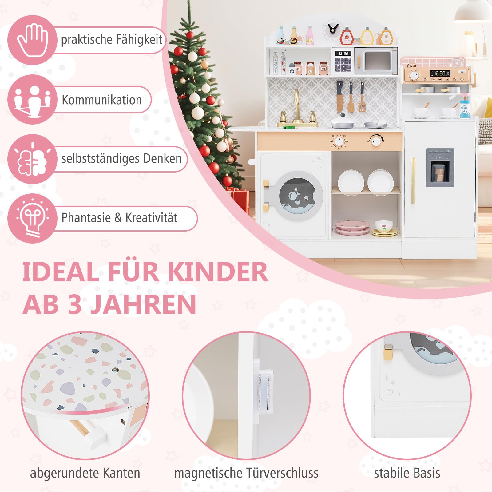 COSTWAY Kinderküche mit 27 Zubehör, Spielküche Holz mit Uhr Mikrowelle Spüle EIS- & Kaffeemaschine Geschirrständer und Waschmaschine, Spielzeugküche für Kinder ab 2 Jahren (Weiß)