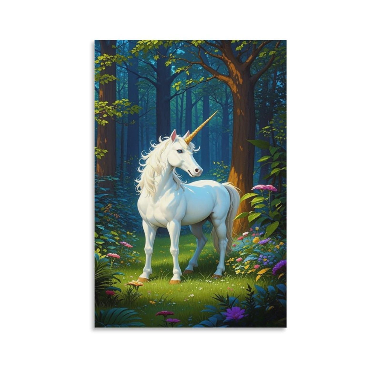 IEJKLUVWX Forest White Unicorn Wall Pictures Magical Woodland Steed Premium Canvas Vibrant Colours High Definition for Living Room Sofa Background Gift Buyer Original 20x30inch(50x75cm)