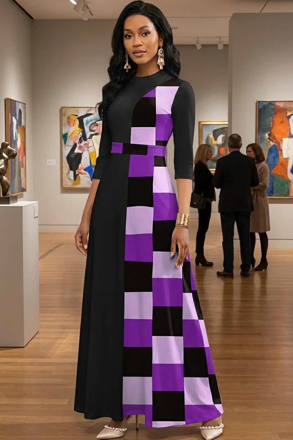 FANDEE Maxi Dresses for Women Semi Formal A-Line 3/4 Sleeve Mock Neck Elegant Dress Colorblock Church Cocktail Dress - Image 4