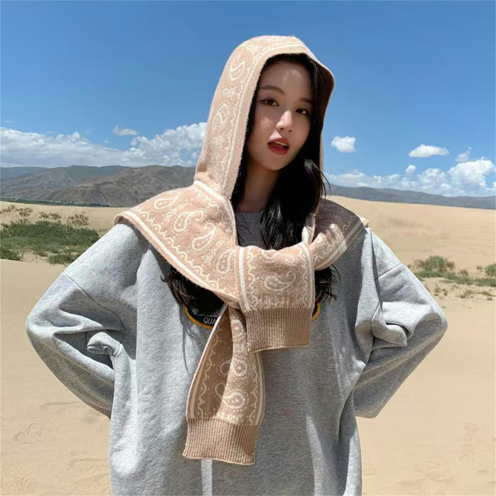 Poncho Donna Scialchina con Cappuccio Donne Autunno E Inverno in Inverno Stile Etnico Sciarpa Calda Addensata-Beige