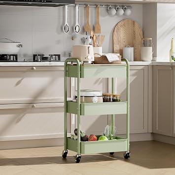 3 Tier Rolling Cart with Table top, Metal Rolling Utility Cart on Wheels, Sturdy Storage Organizer Cart with Hooks for Office, Classroom, Kitchen and Bathroom (Green)