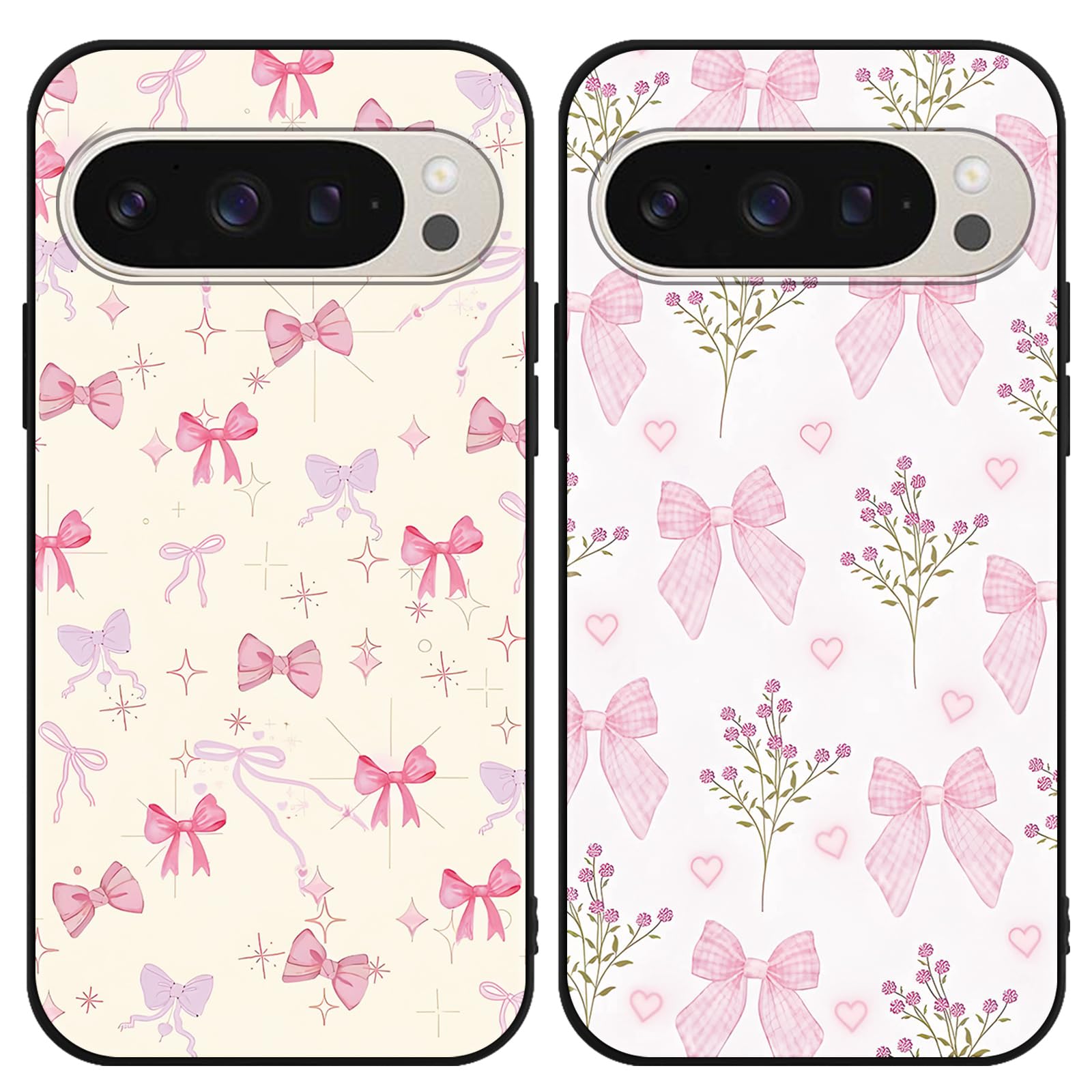 Zrutru 2 Pack Pink Bow Phone Case for Google Pixel 9 Pro 5G 6.3",Cartoon Cute Kawaii Ribbon Bowknot Floral Flower Pattern Cases Aesthetic Design,Black