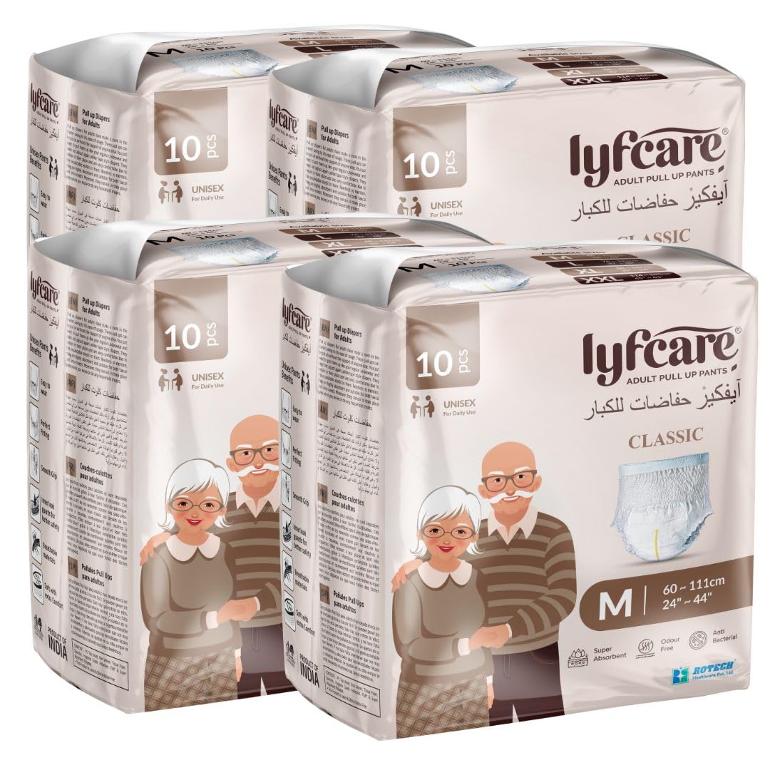 Lyfcare Classic Adult Diapers Medium Size (M) - 40 Units (Pack of 4) | Unisex Diapers Pants Style | Waist (60-85 cm) Wetness Indicator, Super absorb, 360° Protection & 0% Leakage | For Men & Women-image-34