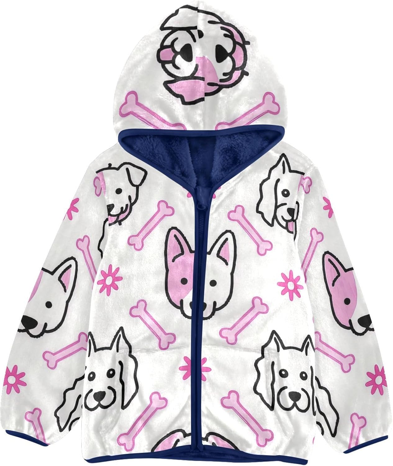 Cartoon Dog Heads and Bone Simple Line Lightweight Zip Sweatshirt Outerwear Jackets Navy Blue Baby Boys Hoodie