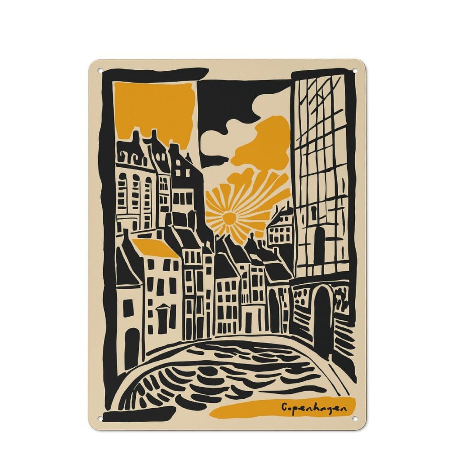 Junmoney Style-17 Copenhagen Cityscape Illustration Vintage Metal Plaque 40X30cm For Hobby Room Or Studio, For Kitchen, Dining Room And Home Bar Wall Decor