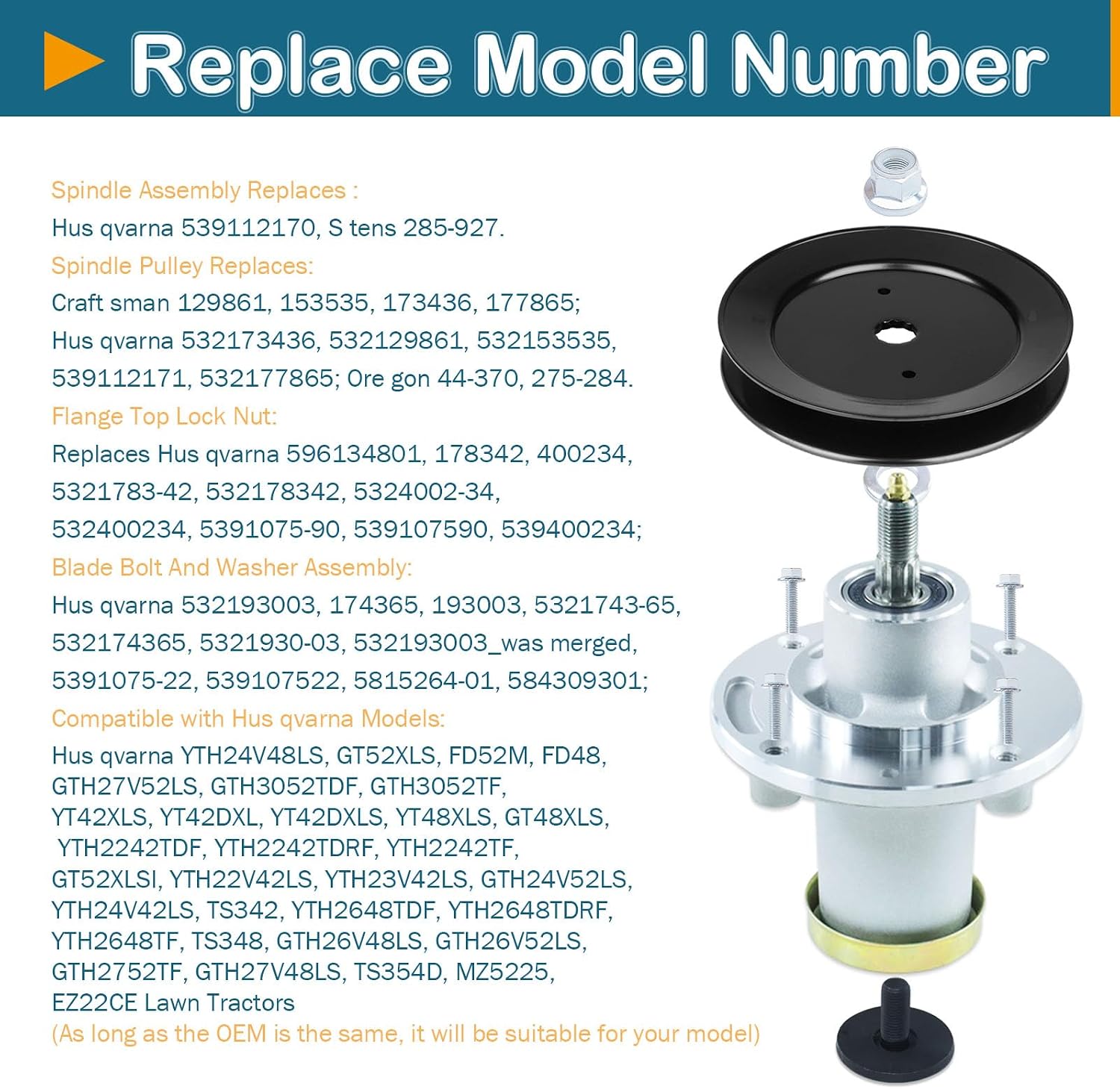 48" 52" 61" Mower Deck Spindle Assembly (539112170) Pulley (153535 173436) Fits Hus qvarna MZ5225 MZ52 RZ4824f MZ 5226 Lawn Mower