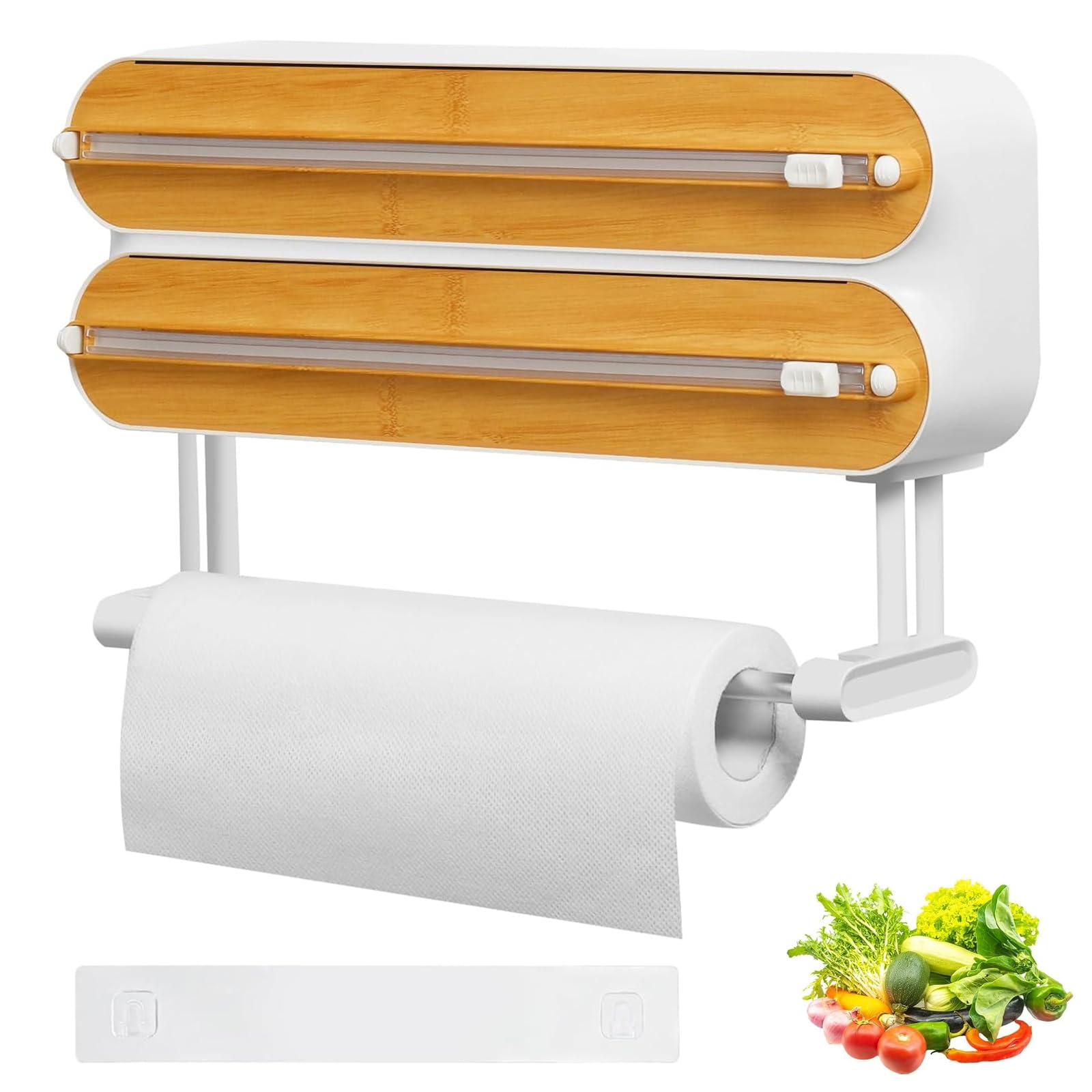 Distributore di Pellicola con Taglierino 3 in 1, Magnetico Portarotolo Da Parete Pellicola, Dispenser di Carta in Alluminio e Pellicola, Portarotolo da Cucina, Colore Del legno