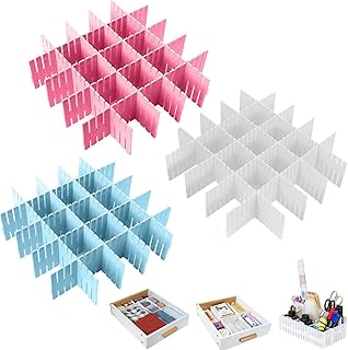 Ylinwtech 24 Pezzi Divisori per Griglia Regolabili,Divisori per Cassetti,37.1cm*7cm*2mm,Separatori per Cassetti in Plastica,per Calzini,Intimi,Cintura,Ufficio,Bagno o Camera da Letto(Bianco/Blu/Rosa)
