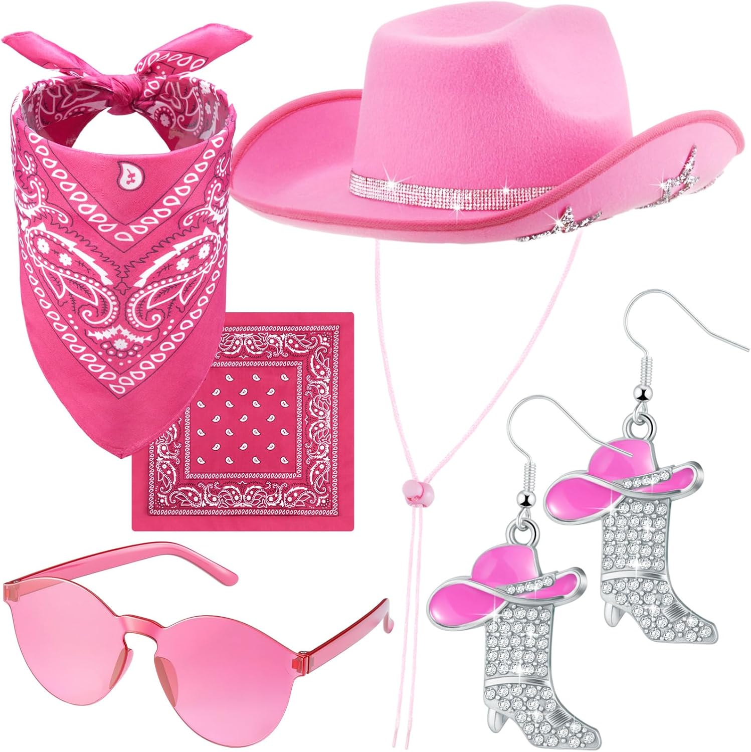 Hercicy 4 Pcs Cowgirl Costume Set Cowboy Hat Sunglasses Bandana Earring Halloween Costume Accessories for Women Cosplay Party