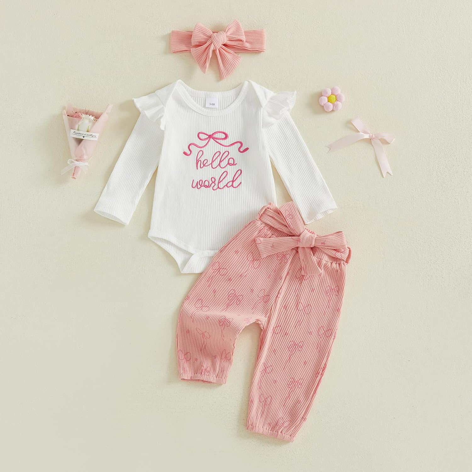 Twopumpkin Preemie Clothes Baby Girl Outfit Newborn Hello World Ribbed Romper Knitted Pants Headband Coming Home Outfits - Image 4