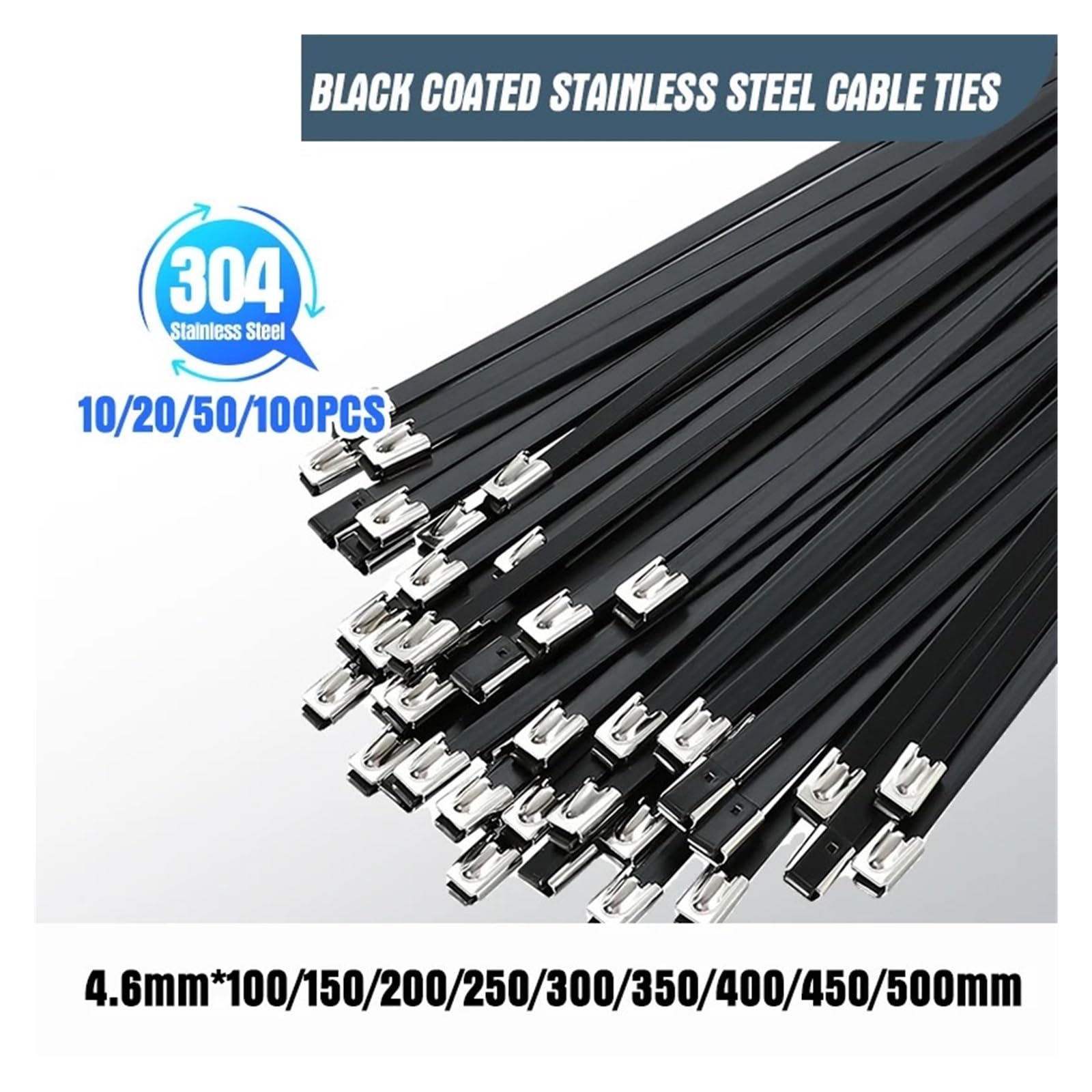 10–100 Stück schwarze Kabelbinder aus Edelstahl(100PCS,4.6x350mm)