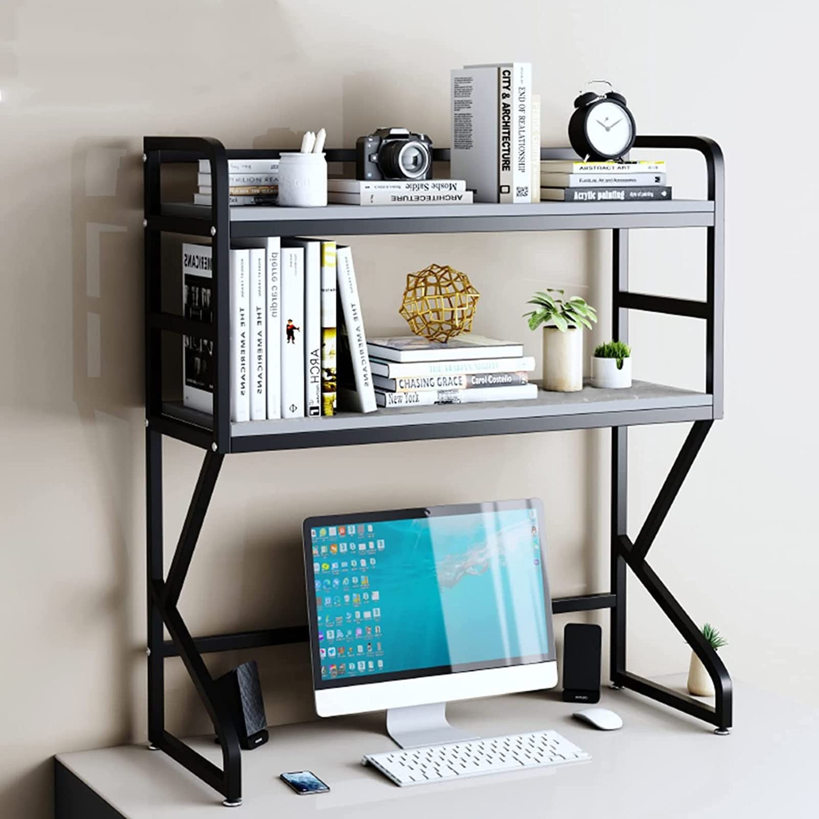 ASerZenith Desktop Bookshelf 2-Tier Desktop Bookshelf for Computer Desk, Vintage Metal and Wooden Desktop Bookshelf,