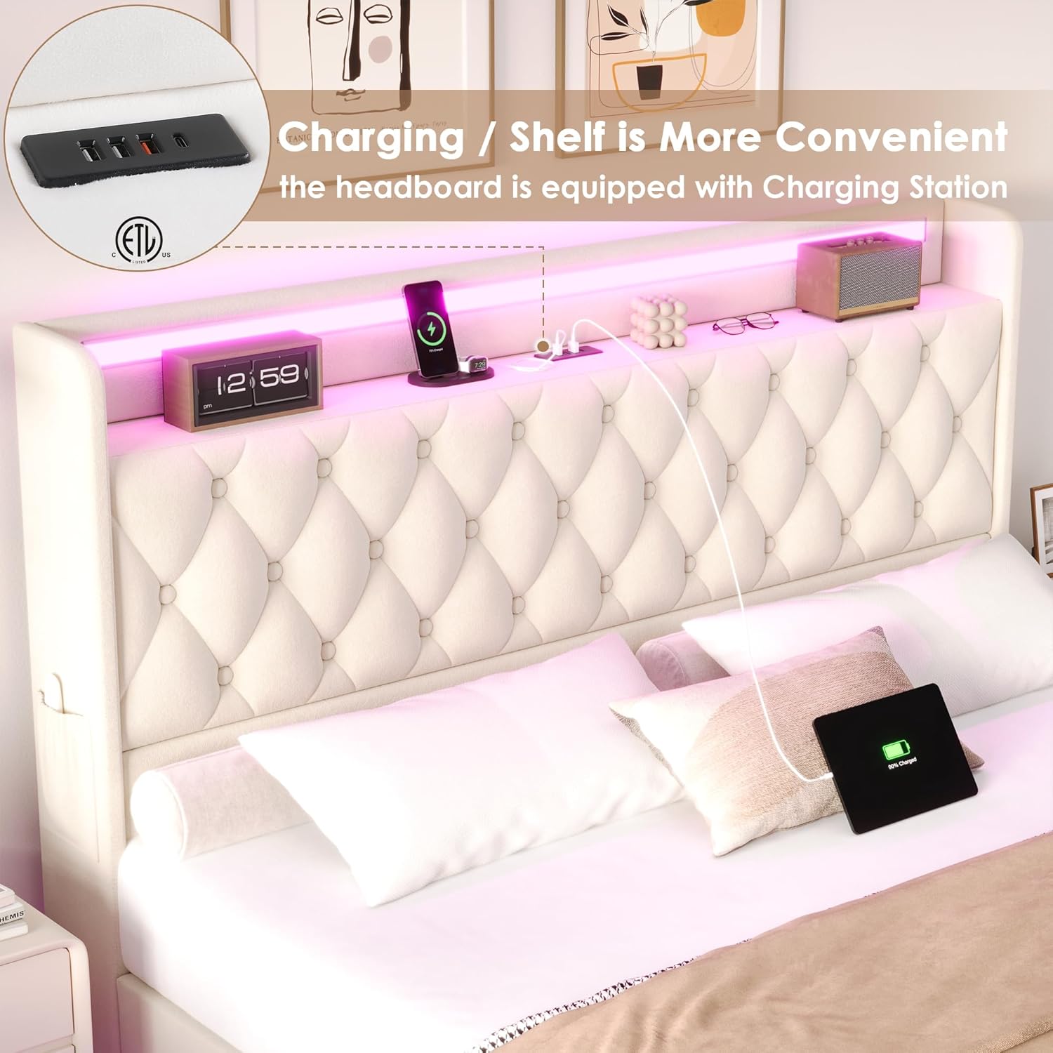 Keyluv Full Floating Bed Frame with LED Lights & Charging Station, Upholstered Velvet Platform Bed with Button Tufted Storage Headboard, No Box Spring Needed, Noise-Free, Easy Assembly, Beige