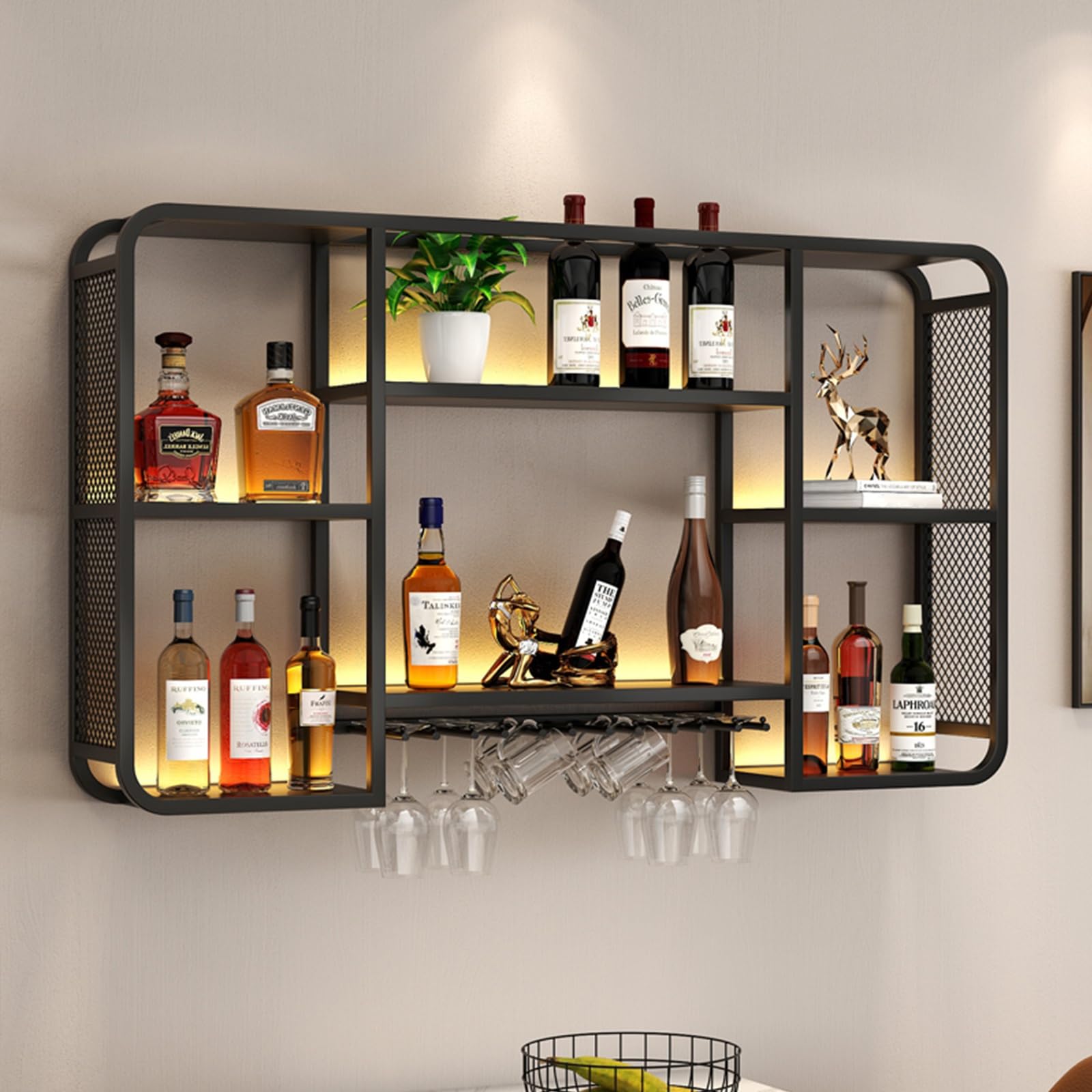 Étagère à vin en fer suspendue LED support verre à vin et liqueur murale
