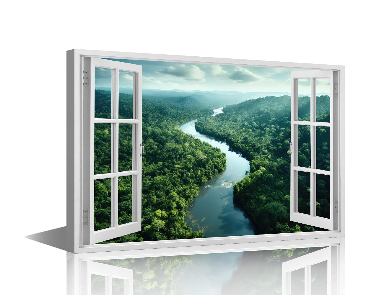 TISHIRON Forest Wall Art for Bedroom 3D Window View Canvas Painting Lake Large Wall Art for Living Room Trees Contemporary Home Decor 1 Panels Stretched on Wooden Frame, 36x24in