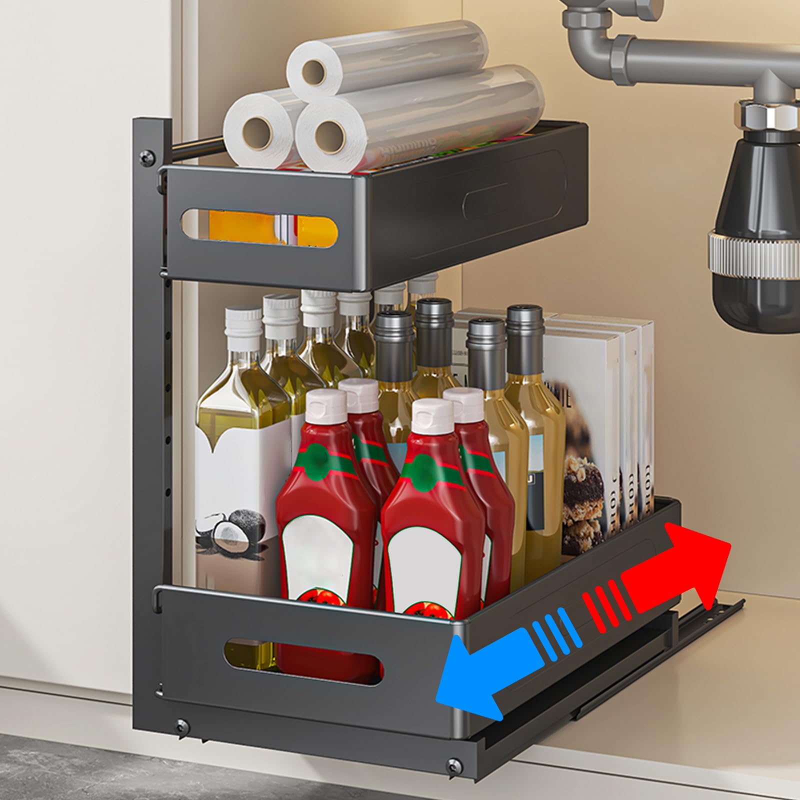 2 Etagen Spülschrank Organizer Ausziehbar aus Metall, Unterschrank Organizer küchenschrank mit 4 Haken, Küchenregal Gewürzregal für Küche & Badezimmer (Schwarz)