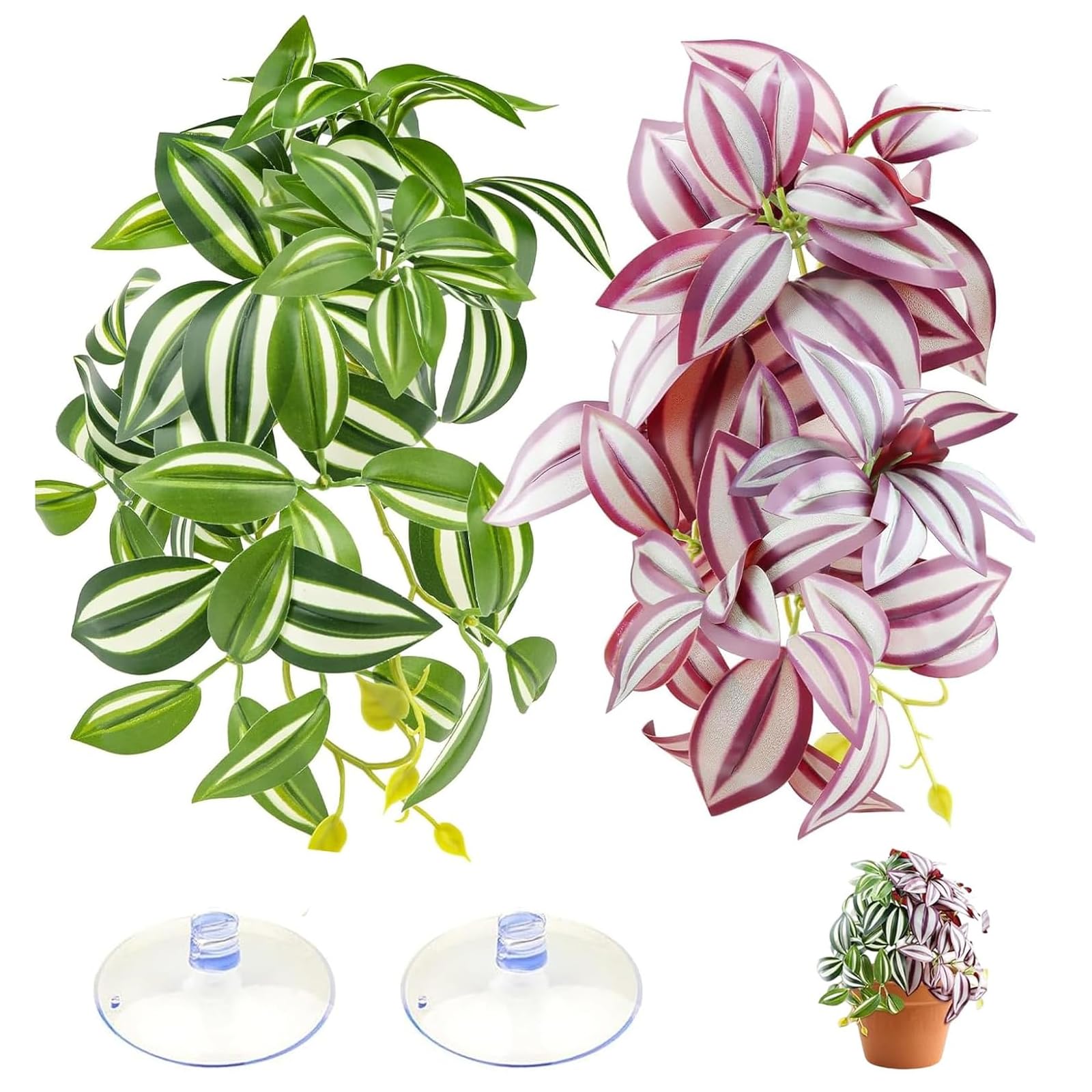 Tarqite Reptile Plants Artificial Hanging Plants with Suction Cups, Habitat Decor Plastic Vines Decorations Vivarium Decoration for Crested Gecko Tank Accessories, 3D Printed Life-like Leaves Greenery