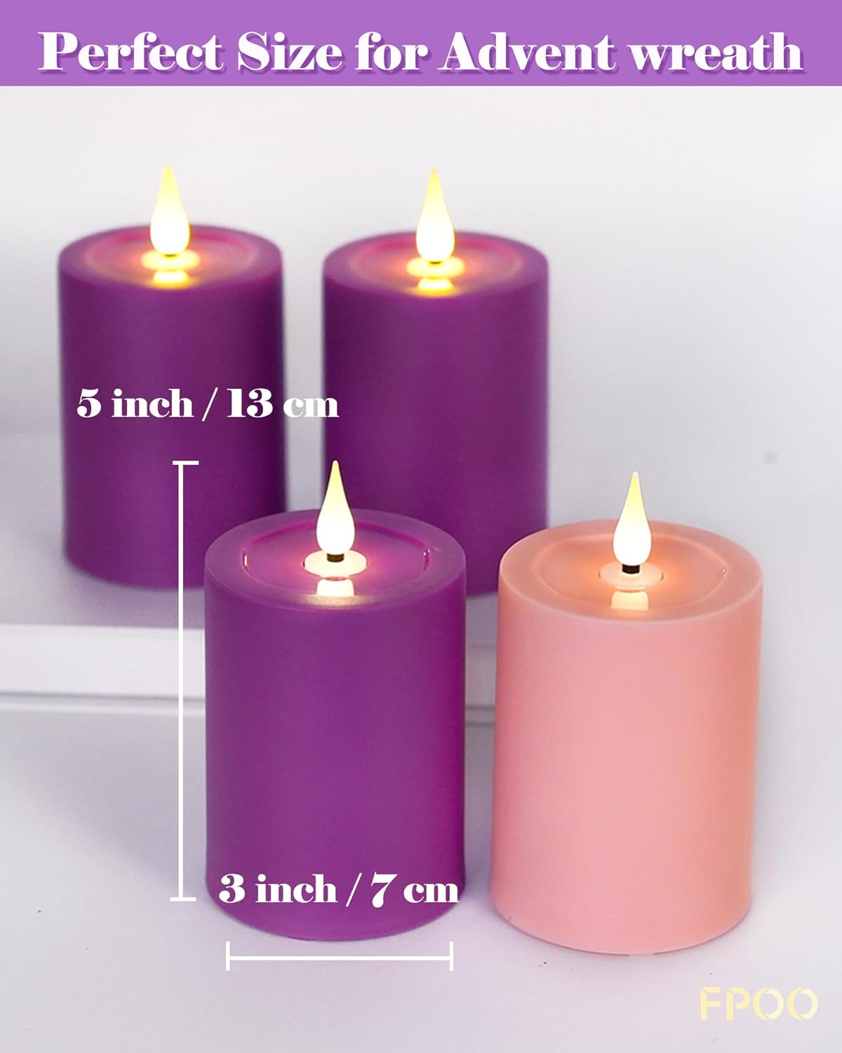 FPOO Advent Candles Battery Operated Set of 4, Flameless Candles with Remote Timer for Advent Wreath Church Décor (3‘’x 5‘’)