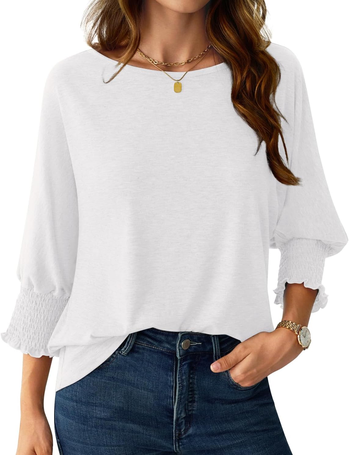 NORACORA Women's 3/4 Sleeve Tops Loose Fit Shirts Dressy Casual Crew Neck T Shirts for Women Basic Tees Shirt with Smocked Cuffs 2025 Fall Fashion Blouse White M