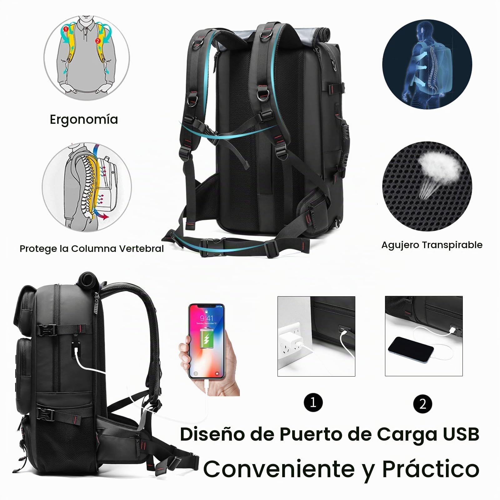 FANDARE Antirrobo Mochilas Mujer Laptop Mochilas tipo casual Bolsa de Equipaje de Mano Hombre Rolltop Mochila Viaje con compartimento para zapatos Bolso de mano Negocio Trabajo Bolso de hombro